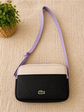 Lacoste Black & Cream Crossbody Bag with Lavender Strap